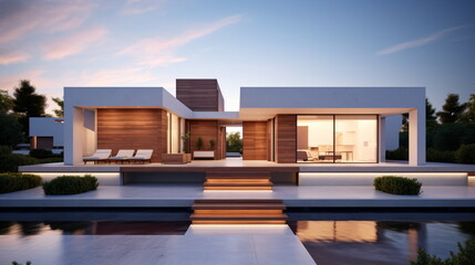 3d rendered illustration of a modern open house with swimming pool
