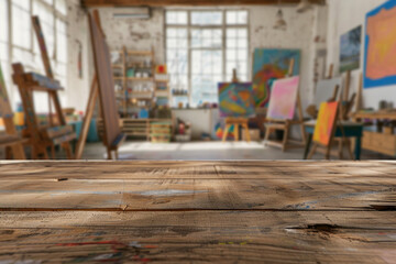 A wooden table in the foreground with a blurred background of an art studio. The background includes easels with canvases, paintbrushes, palettes, colorful paintings on the walls, and shelves