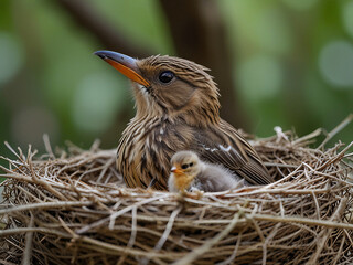 Bird in the nest with baby birds