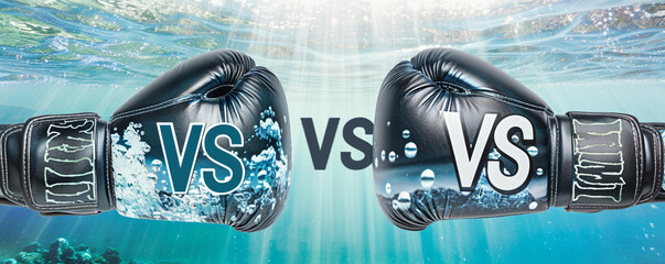 Boxing gloves with a crystal clear and murky water design, with "VS" letters appearing to be underwater, set against a clear ocean and a polluted water backdrop.