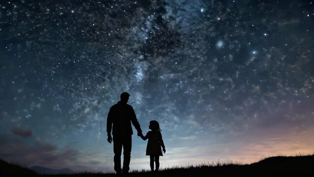 3d animation a poignant moment of father and a daughter in silhouette, hand in hand, under a vast, starry night sky, celebrating fathers day.