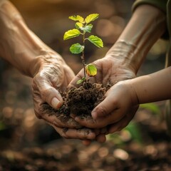 Fototapeta premium Mom and her child sapling tree. Young plant sprouting from soil in hands cradle, growth and care plant