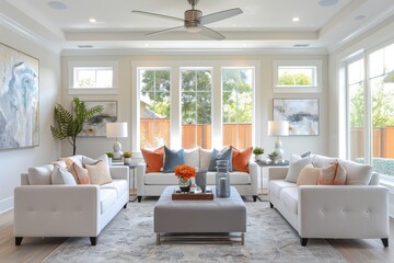 A large living room with white furniture and a white ceiling