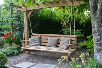 Comfortable wooden swing bench with soft cushions, set in a lush green garden