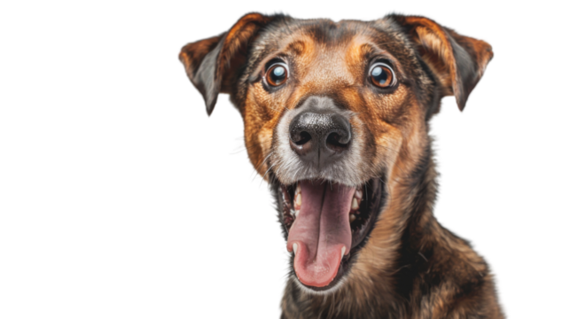 Funny and excited dog on white background