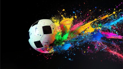 Colorful explosion of paint flying around a soccer ball on a black background, a creative idea for an advertising design and sport concept. The colorful splash forms the shape of an old football or