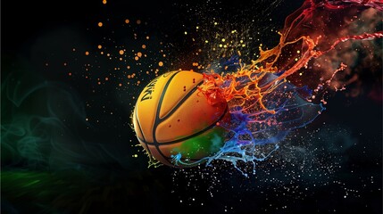 Colorful basketball ball with explosion of colors Bright colors on a black background Dynamic composition in sports photography style