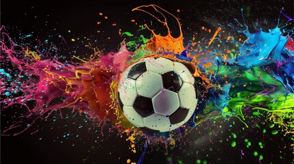 A soccer ball with colorful paint splashes flying around, creating an energetic and vibrant visual effect on the black background. The football is prominently displayed in front of the explosion of