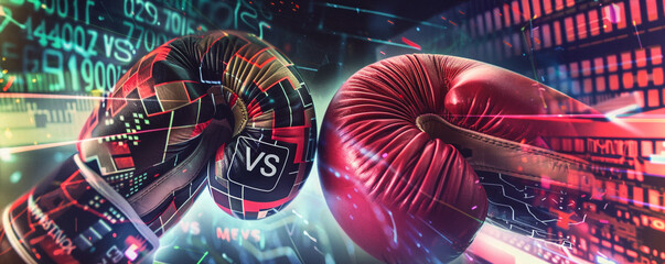 Boxing gloves covered in digital pixels and analog noise, with "VS" letters showing a digital versus analog theme, set against a background of old television static and a modern digital display.