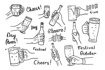 Set of beer, glasses of beer, bottle of beer in hand, glass in hand, mug with beer. Cheers. Great for bar menu design, packaging, pub. Hand drawn vector illustrator EPS10. Doodle 
