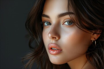 Fototapeta premium A woman with long brown hair and a bright smile. She has a light pink lip color and is wearing gold earrings