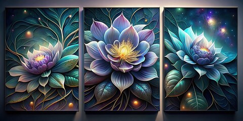 3-panel wall art featuring detailed 3D azahar flower botanical drawing, perfect for modern wall decoration