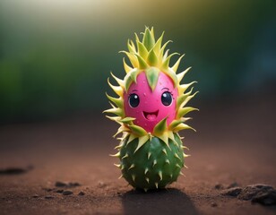 Happy animated dragonfruit with big eyes, standing on the ground