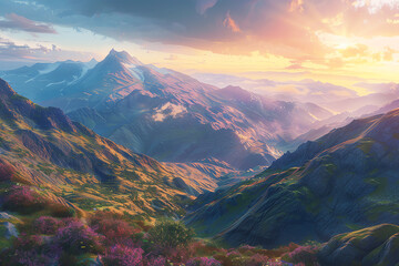 Obraz premium Capture the majestic beauty of a wide-angle view of a mountain range during sunrise, rendered in stunning photorealistic detail with vibrant hues and delicate brush strokes