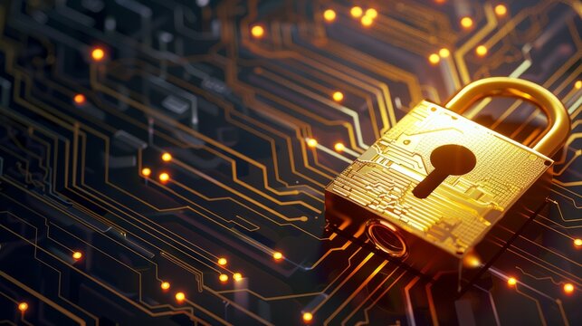 Golden padlock with integrated electronic circuits, password security technology for fraud prevention and confidential data network