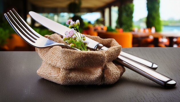 The fork and table-knife in a small jute bag for a restaurant setting at rustic style, Ai Generate