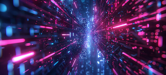 Naklejka premium Craft a rear view abstract piece featuring intertwining neon lights against a dark backdrop, resembling a bustling city at night, in a CG 3D style