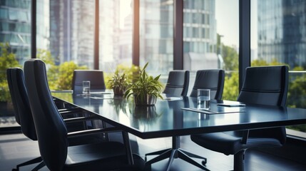 Fototapeta premium Office meeting room table with black chairs and big windows on the background 