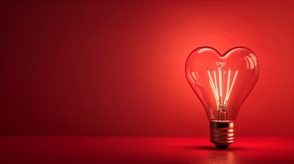 Light bulb with a heart shape glowing filament on a red background, Valentine day concept - Powered by Adobe