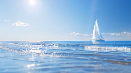 Obraz premium white sailboat in the ocean against clear blue sky, water trip