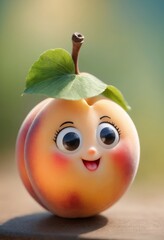 Adorable animated peach character with big eyes, green leaves, and a happy expression
