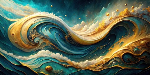 Abstract fluid art painting with natural luxury vibes, featuring waves and golden swirls 