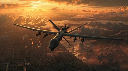 Military drone over a war zone at sunset by generative AI.