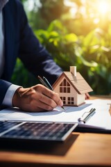 man hand holding pen and documents for audit calculating on the table and cottage house