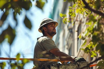 An arborist wearing safety gear concentrates while working on a tree in a city environment