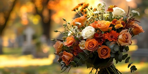 Bouquet of Flowers in a Cemetery: Symbolism of Funerals. Concept Cemetery Photography, Floral Arrangements, Funeral Traditions, Symbolic Imagery, Mourning and Remembrance