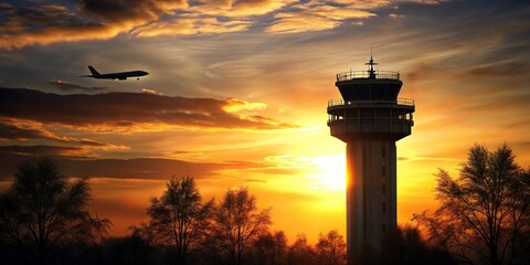 Airport air traffic control tower in silhouette with airplane landing during sunset