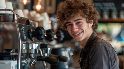 Young Barista at Espresso Machine