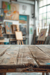 A wooden table in the foreground with a blurred background of an art studio. The background includes easels with canvases, paintbrushes, palettes, colorful paintings on the walls, and shelves