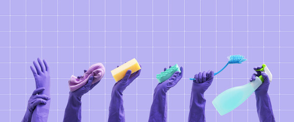 Collection of female hands holding cleaning supplies