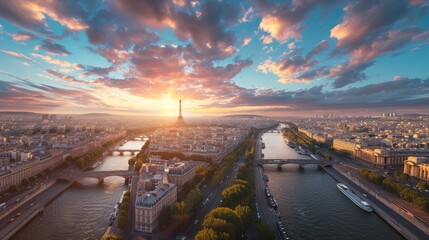 Paris aerial panorama with river Seine and Eiffel tower, France. Romantic summer holidays vacation...