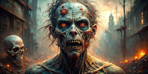 background with a frightening zombie figure, showcasing decay and horror elements