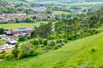 View of the small town of Lydden near Dover viewed from the Kent Downs in England