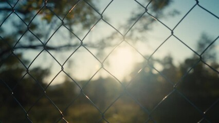 Close-up of a metal chained fence against a blurred background of sun and trees. Movement along the steel wire mesh fence. Concept of Division, Security, Boundary, Restriction, Control, Freedom