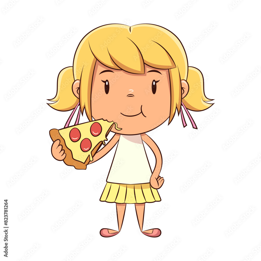 Sticker girl eating slice of pizza, happy cute child