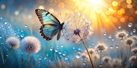 Beautiful natural pastel background with a Morpho butterfly, dandelion seeds in water drops, and a sunrise 