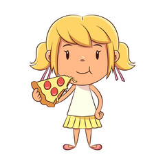 Girl eating slice of pizza, happy cute child