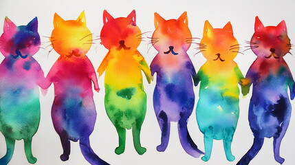 Rainbow Watercolor Painting, cat feline pet,  background texture
