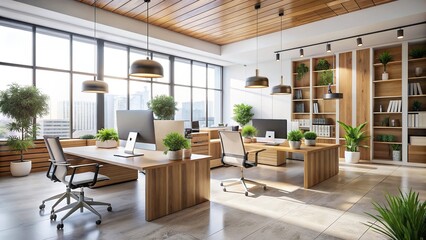 Bright and airy office interior with wooden accents and white walls 
