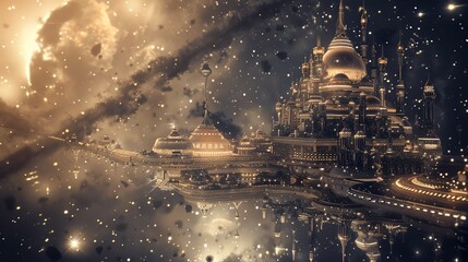 Futuristic space city with intricate architecture, vibrant lights, and an ethereal atmosphere set against a backdrop of stars and cosmic dust.