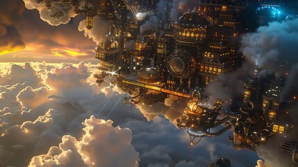 Futuristic steampunk city floating above the clouds at sunset, featuring intricate machinery and glowing lights.