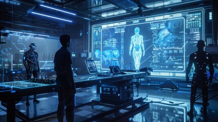 Scientists in a high-tech lab are engaged in advanced holographic research, showcasing digital human anatomy at night.
