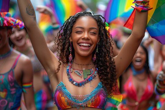 A vibrant and inclusive Pride parade filling the streets with colorful floats, banners, and enthusiastic participants waving rainbow flags, celebrating love, acceptance, and diversity.