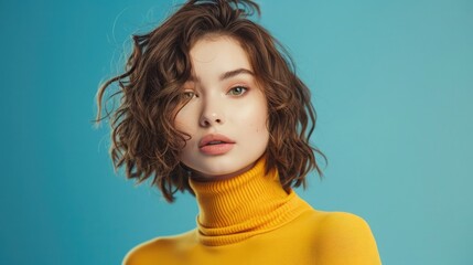 Portrait of a beautiful woman with a wavy bob hairstyle wearing a yellow turtleneck isolated on a blue background,