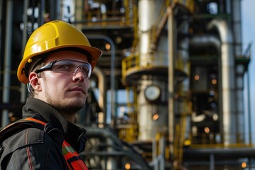 Confident engineer with hard hat at industrial facility