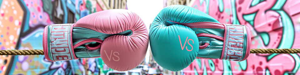 Pastel pink and vibrant turquoise boxing gloves, with "VS" letters in a soft and bold contrast, set against a backdrop of a pastel mural and a vivid graffiti wall.